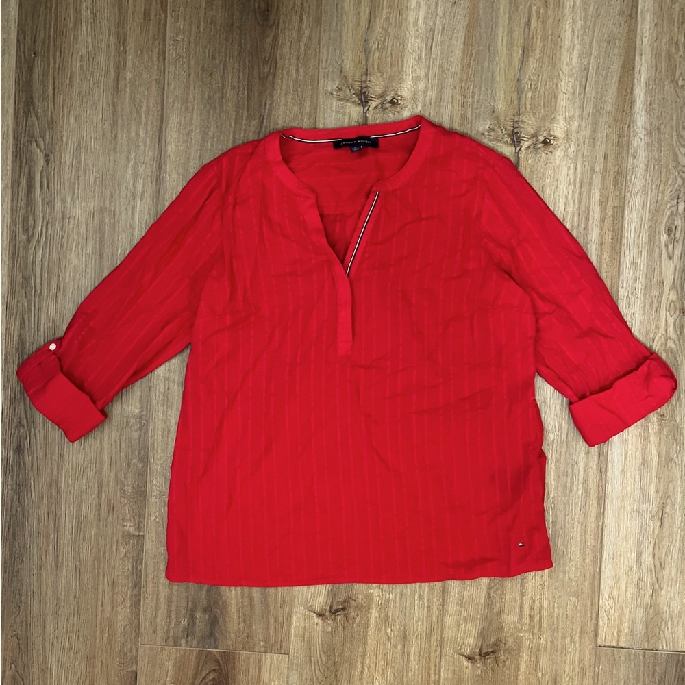 Red Tommy Hilfiger Three-Quarter Roll-Tab Sleeve Blouse